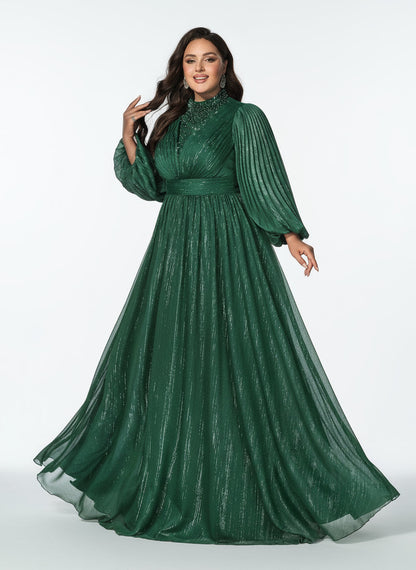 Stalluxe | Klassisches Dunkelgrünes Abendkleid mit Reißverschluss, Stehkragen und Laternenärmeln