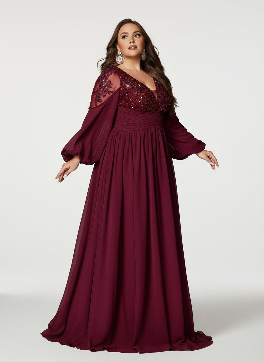 Stalluxe | Elegantes Abendkleid mit Stickerei, Tiefem V-Ausschnitt und Langarm