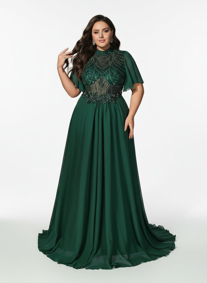 Stalluxe | Klassisches Dunkelgrünes Abendkleid aus Chiffon mit Spitze und Stehkragen