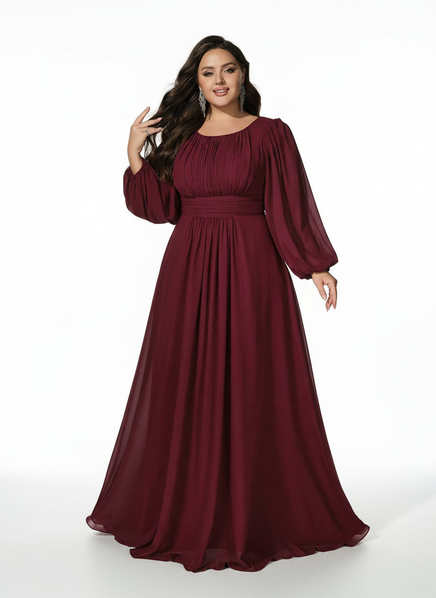 Stalluxe | Elegantes Chiffon-Brautjungfernkleid mit Rundhalsausschnitt und Laternenärmeln