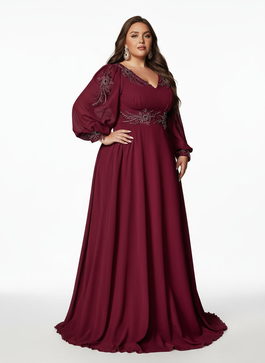Stalluxe | Würdevoll Weinrotes Chiffon-Abendkleid mit V-Ausschnitt und Langarm