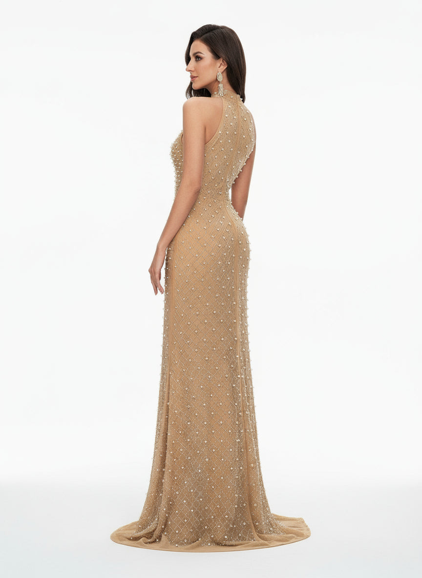 Stalluxe | Charmantes Halsfreies Abendkleid mit Strass, Bodenlang