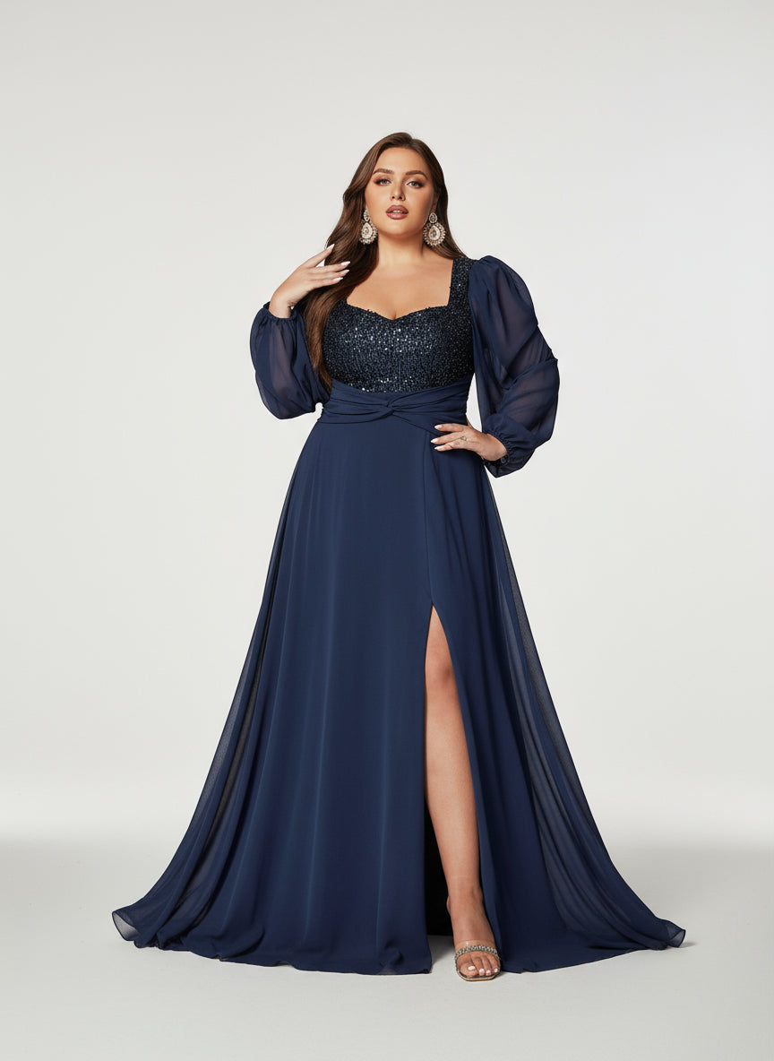 Stalluxe | Anmutiges Marineblaues Abendkleid mit Pailletten und Herz-Ausschnitt, Langarm 5XL