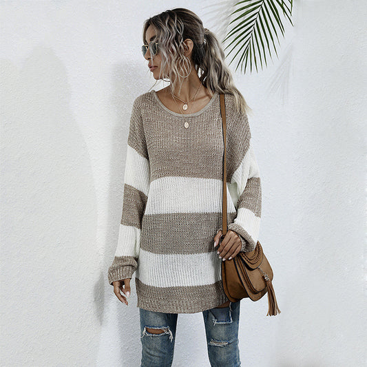 Damen lässiger Strickpullover mit modernem Blockstreifenmuster und oversized Schnitt Stalluxe