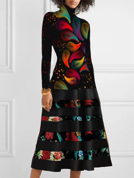 Damen Strickkleid mit hohem Kragen und floralem Saum Stalluxe