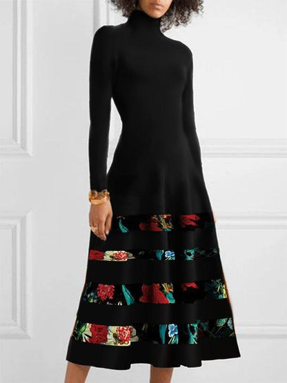 Damen Strickkleid mit hohem Kragen und floralem Saum Stalluxe