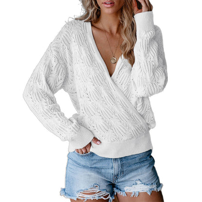 Damen Strickpullover mit tiefem V-Ausschnitt und modernen Lochmuster Stalluxe