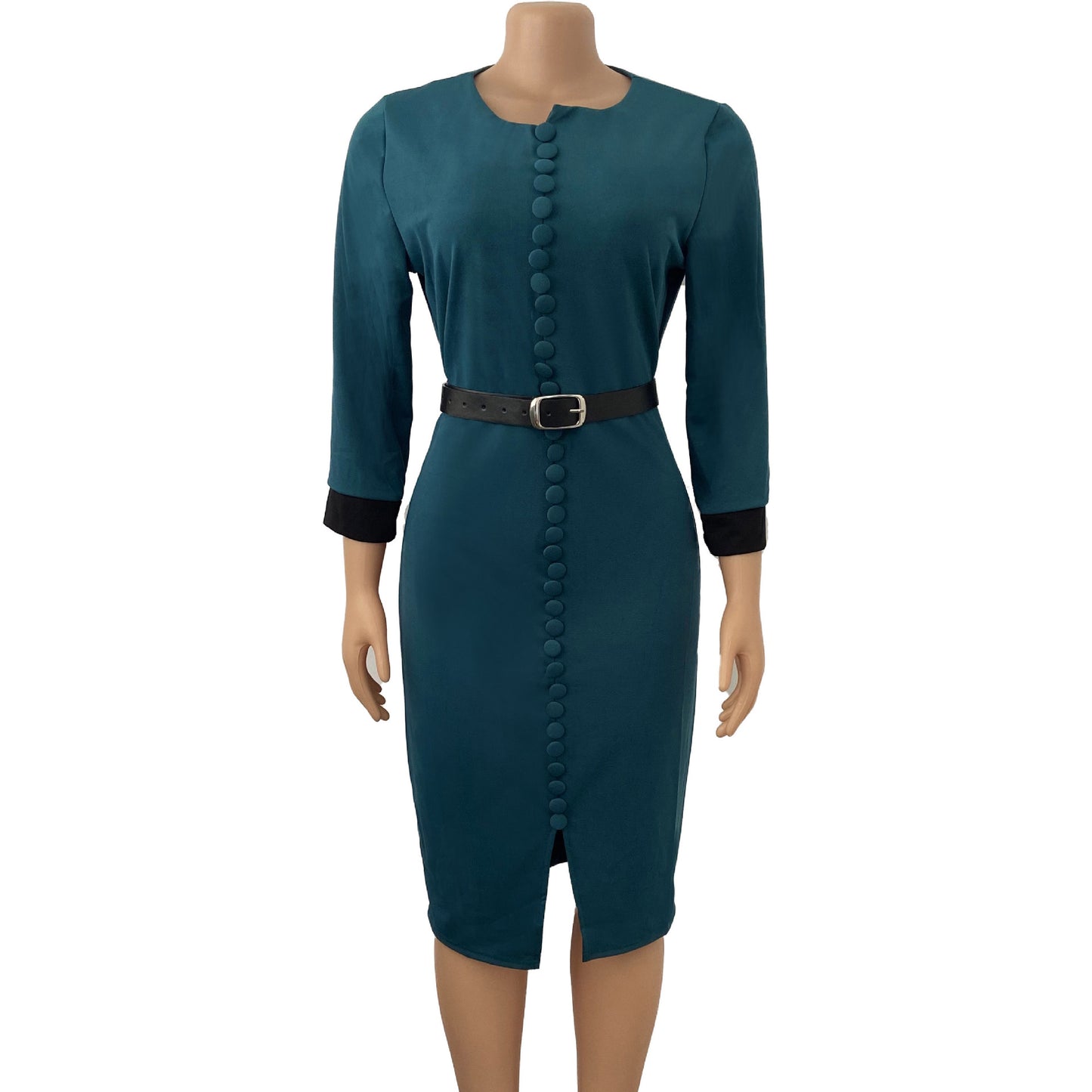 Damen Elegantes Bleistiftkleid mit Knopfdetails und tailliertem Gürtel Stalluxe Grün