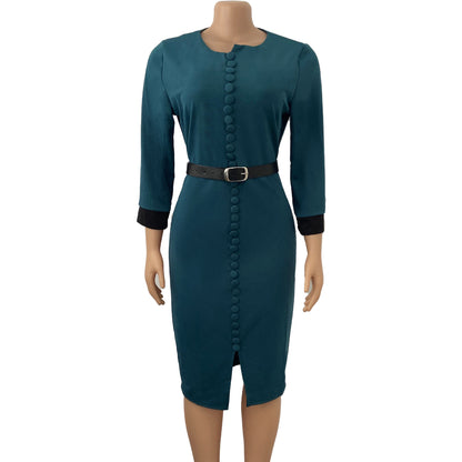 Damen Elegantes Bleistiftkleid mit Knopfdetails und tailliertem Gürtel Stalluxe Grün