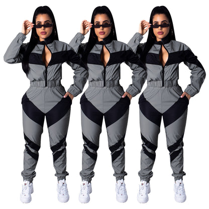 Damen Sportlicher Jumpsuit mit stylischen Farbblockelementen und hohem Kragen Stalluxe