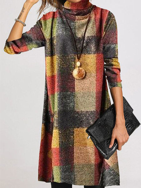 Damen trendiges Karo-Kleid mit hohem Kragen Stalluxe