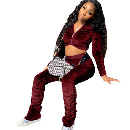 Damen Sportlicher Veloursanzug mit kurzem Oberteil und elastischem Bund Stalluxe