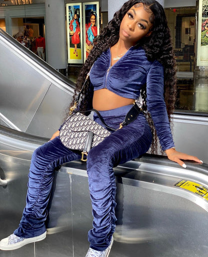 Damen Sportlicher Veloursanzug mit kurzem Oberteil und elastischem Bund Stalluxe Blau