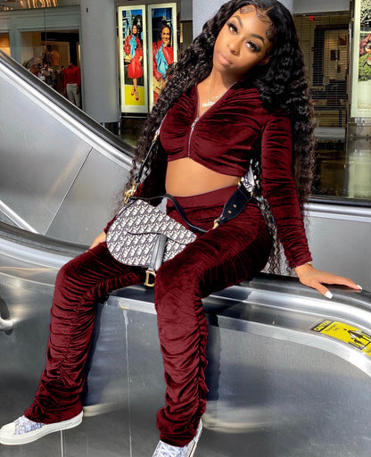 Damen Sportlicher Veloursanzug mit kurzem Oberteil und elastischem Bund Stalluxe Weinrot