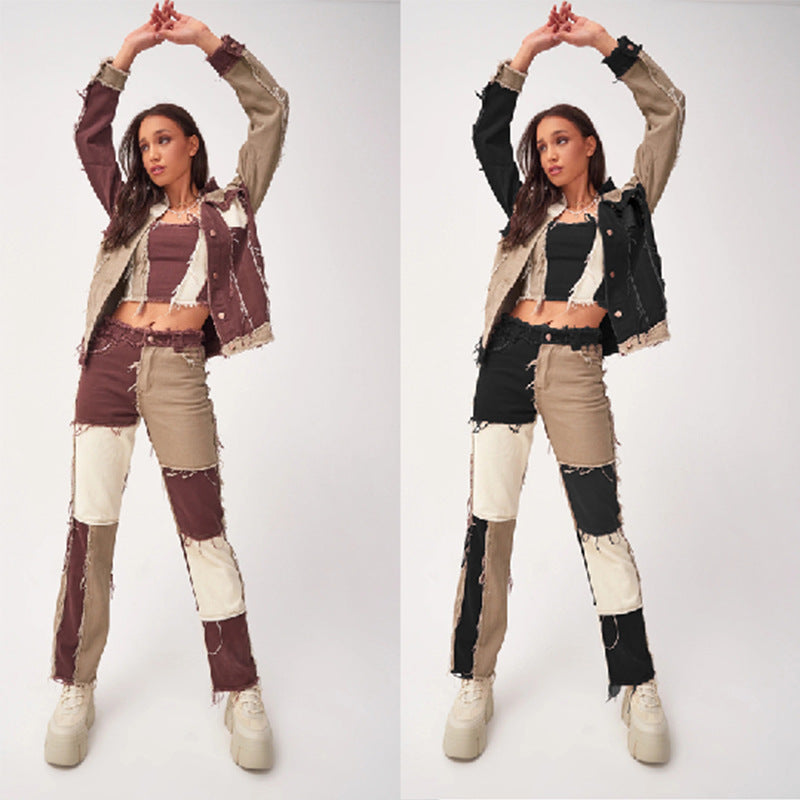 Damen modische Patchwork-Denimjacke mit fransigen Details Stalluxe