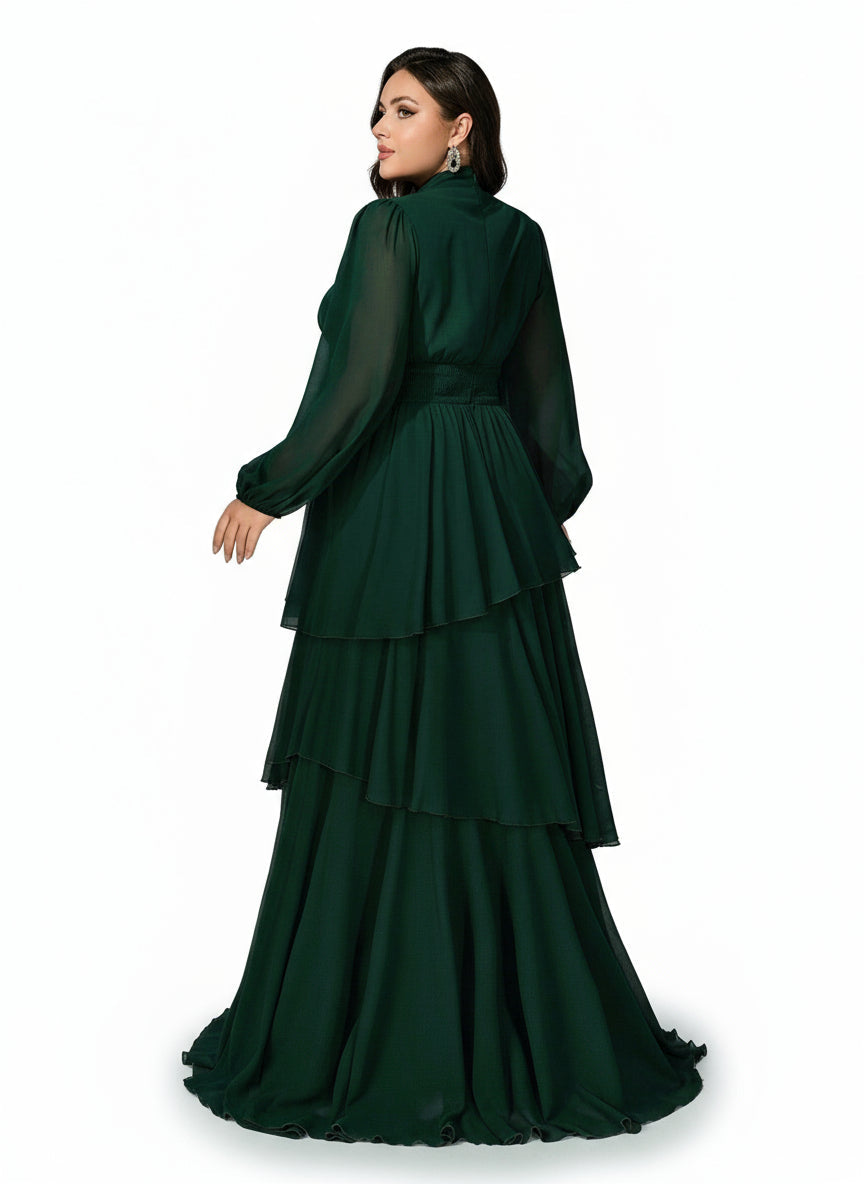 Stalluxe | Edles Dunkelgrünes Chiffon-Abendkleid mit Lagenrock und Langarm