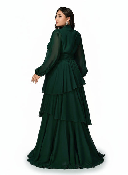 Stalluxe | Edles Dunkelgrünes Chiffon-Abendkleid mit Lagenrock und Langarm