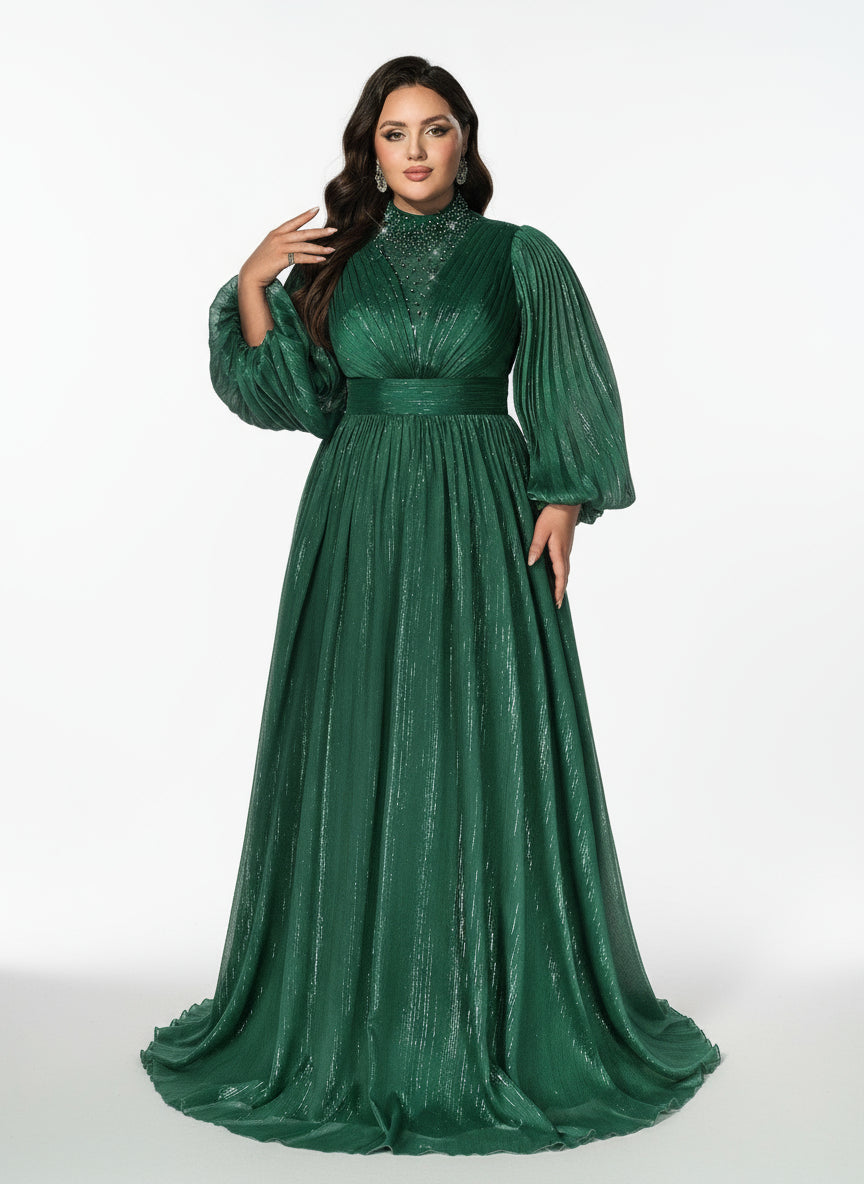 Stalluxe | Klassisches Dunkelgrünes Abendkleid mit Reißverschluss, Stehkragen und Laternenärmeln