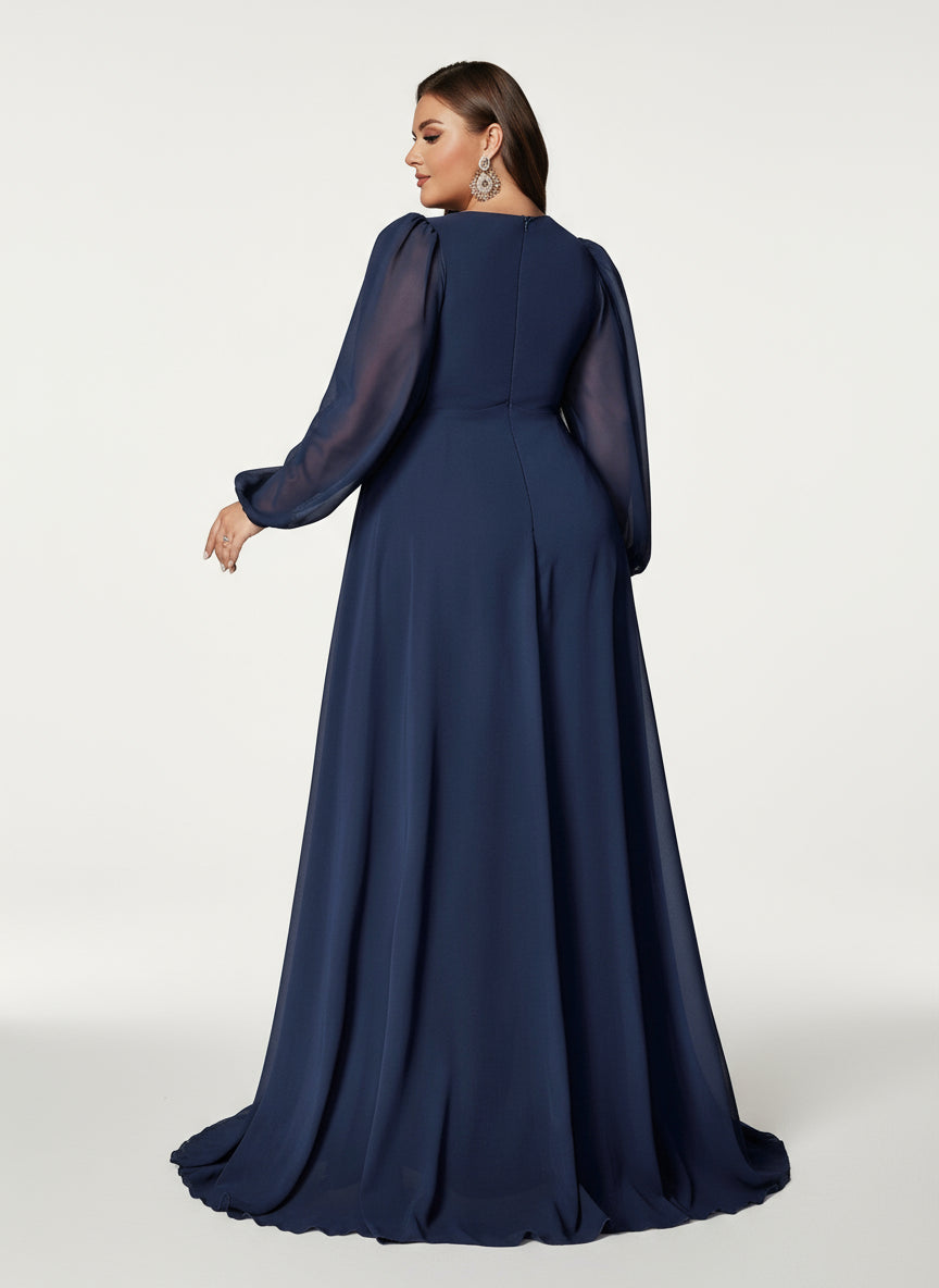 Stalluxe | Anmutiges Marineblaues Abendkleid mit Pailletten und Herz-Ausschnitt, Langarm