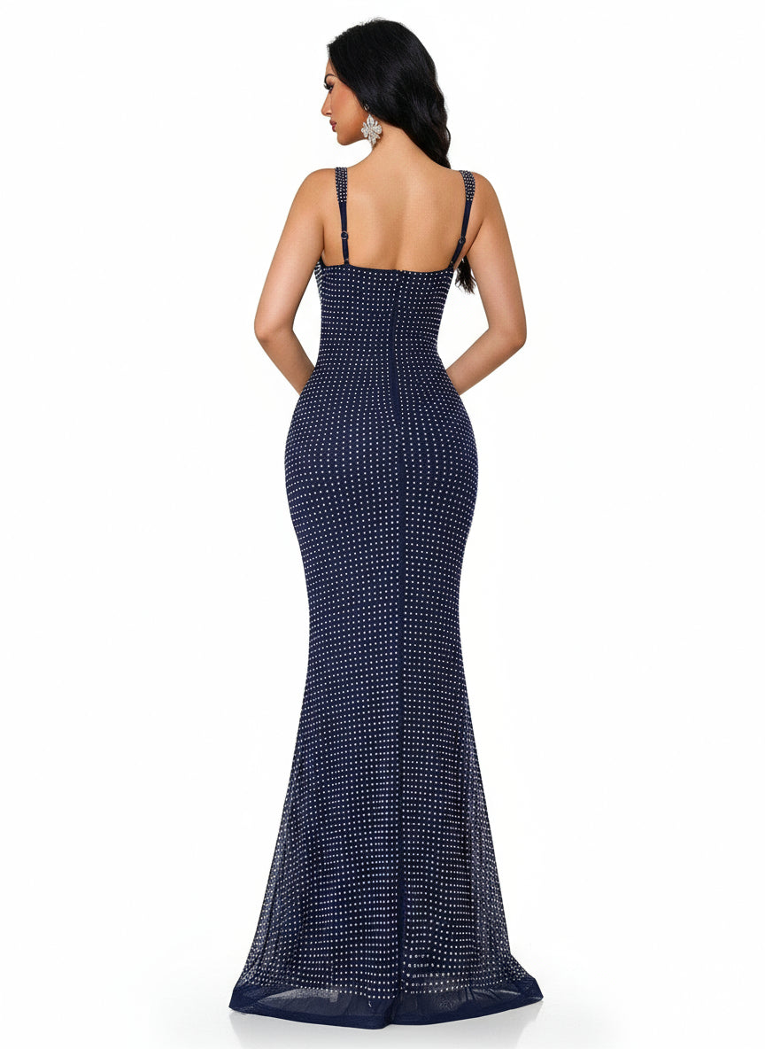 Stalluxe | Modisches Marineblaues Abendkleid mit Strass und Breiten Trägern