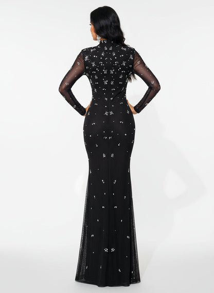 Stalluxe | Klassisches Schwarzes Abendkleid mit Strass und Stehkragen