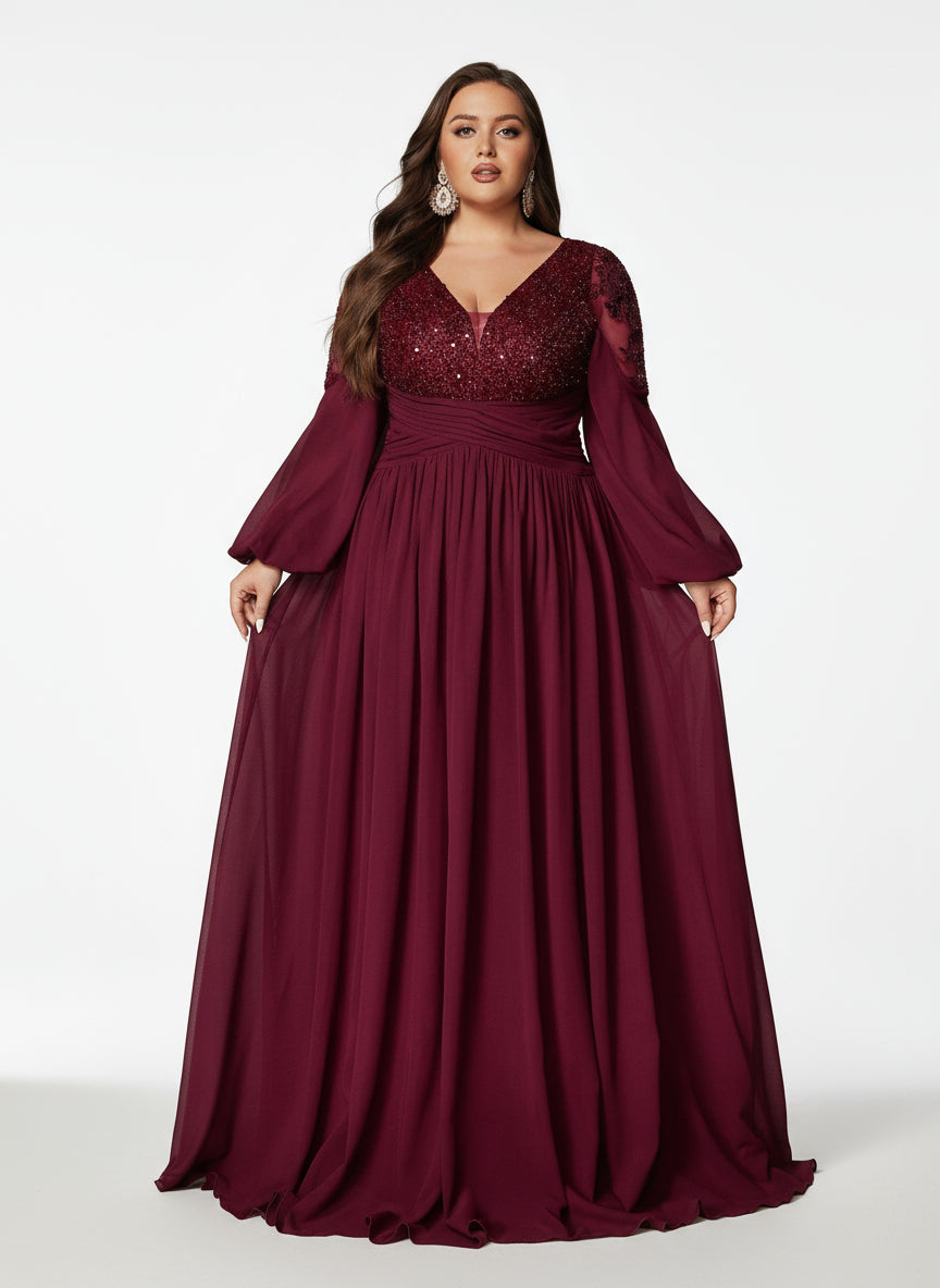 Stalluxe | Elegantes Abendkleid mit Stickerei, Tiefem V-Ausschnitt und Langarm