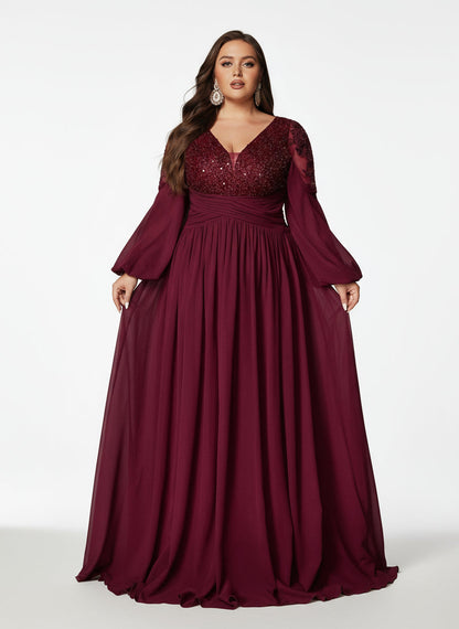 Stalluxe | Elegantes Abendkleid mit Stickerei, Tiefem V-Ausschnitt und Langarm