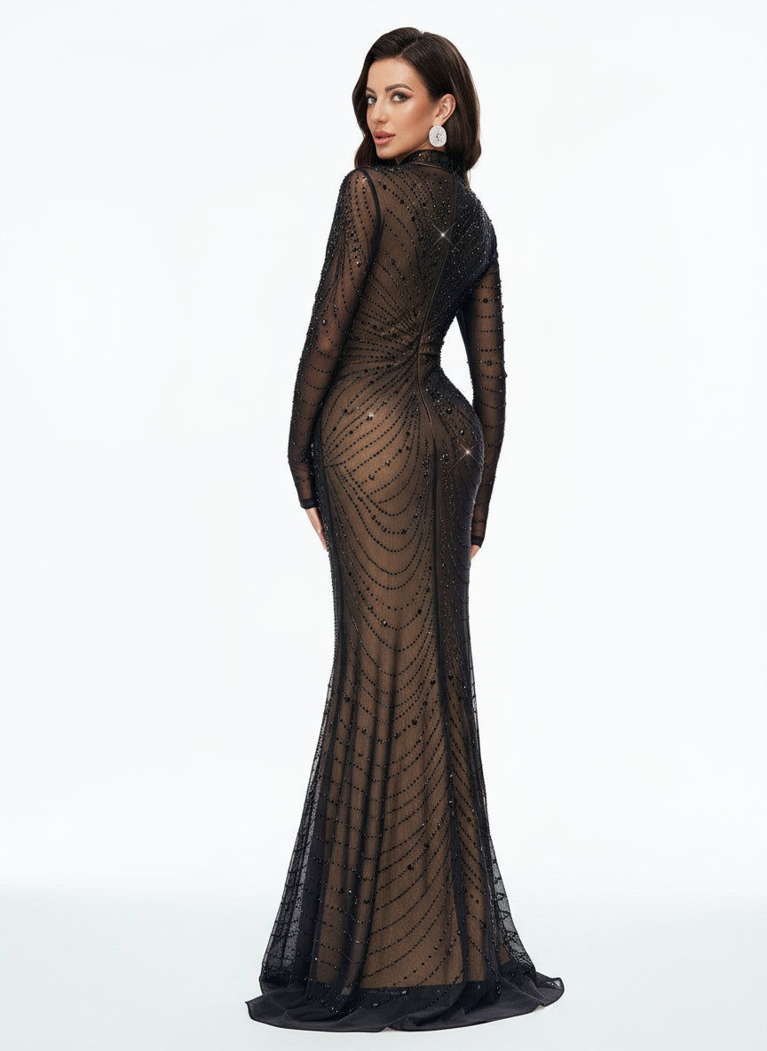 Stalluxe | Glamouröses Schwarzes Abendkleid mit Strass und Schlanker Passform, Langarm