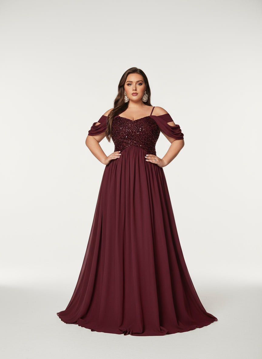 Stalluxe | Modisches Marineblaues Abendkleid aus Chiffon mit Pailletten und Schulterfreiem Design