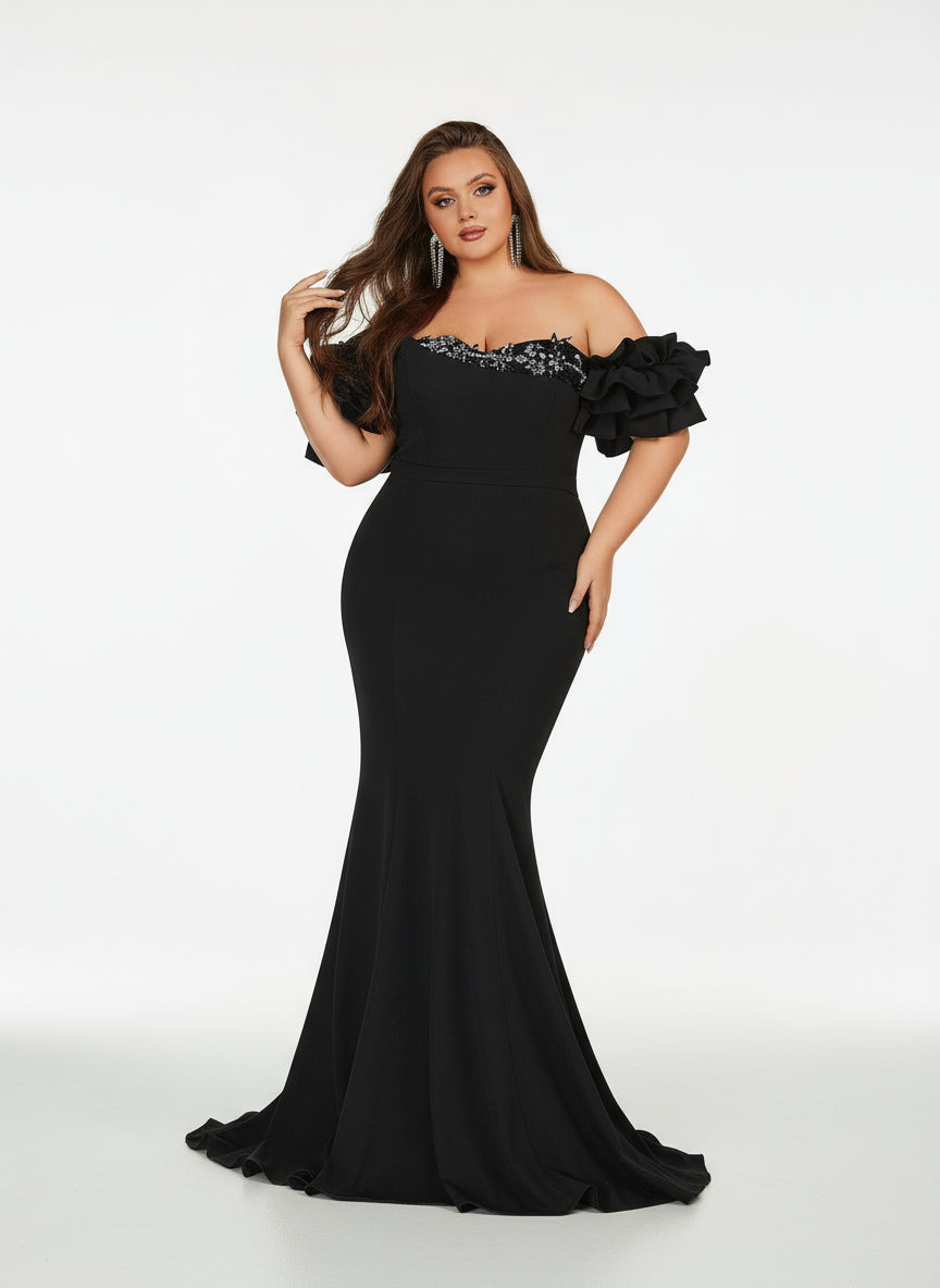 Stalluxe | Schickes Schwarzes One-Shoulder-Abendkleid mit Perlen und Rüschen