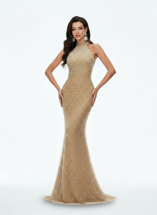 Stalluxe | Trendiges Abendkleid mit Strass, Stehkragen und Langarm