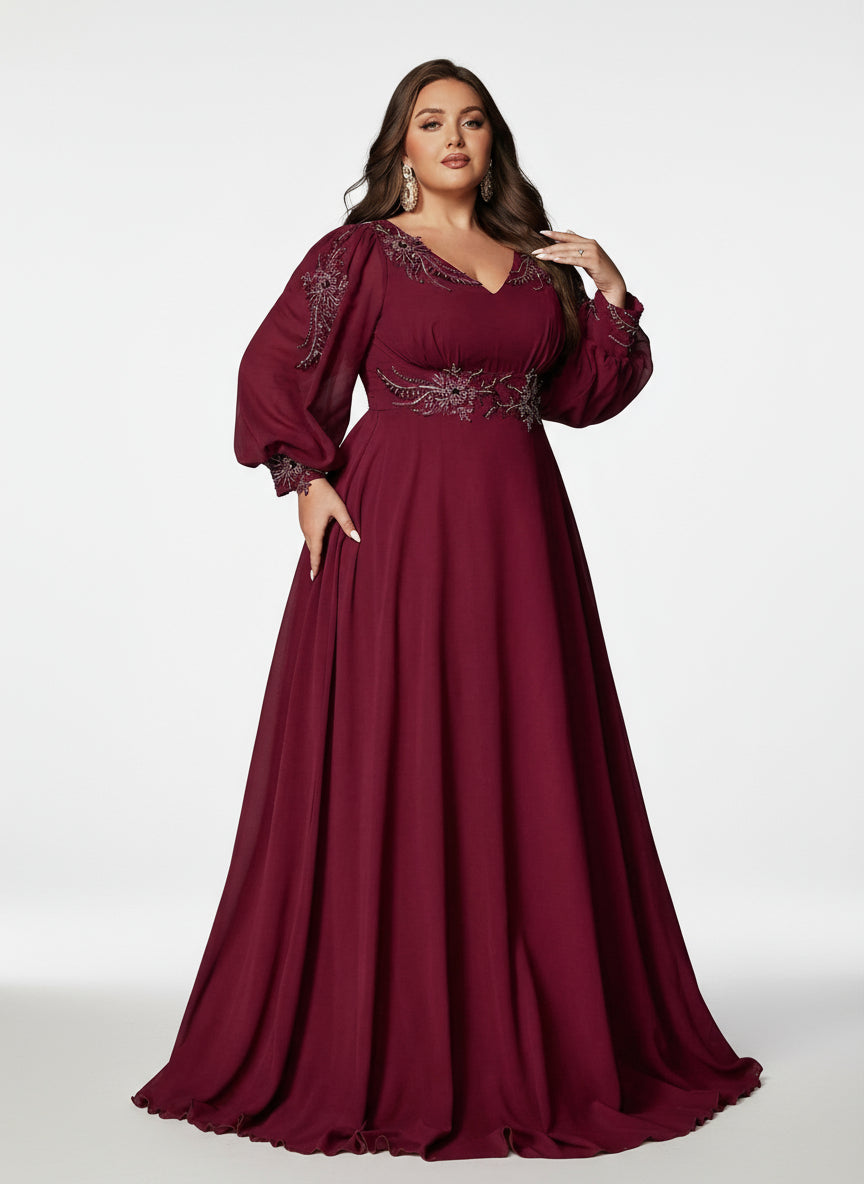 Stalluxe | Würdevoll Weinrotes Chiffon-Abendkleid mit V-Ausschnitt und Langarm