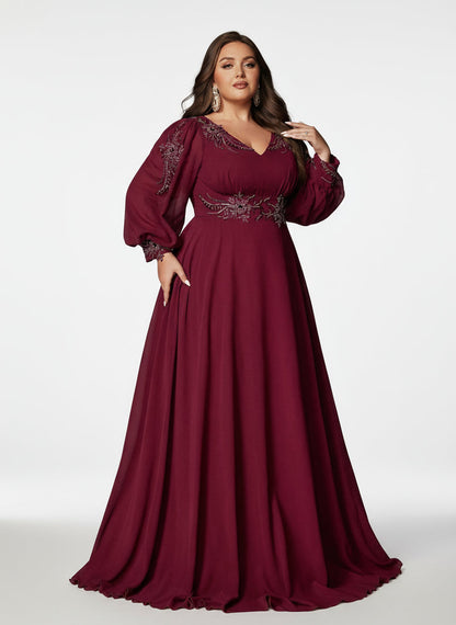 Stalluxe | Würdevoll Weinrotes Chiffon-Abendkleid mit V-Ausschnitt und Langarm