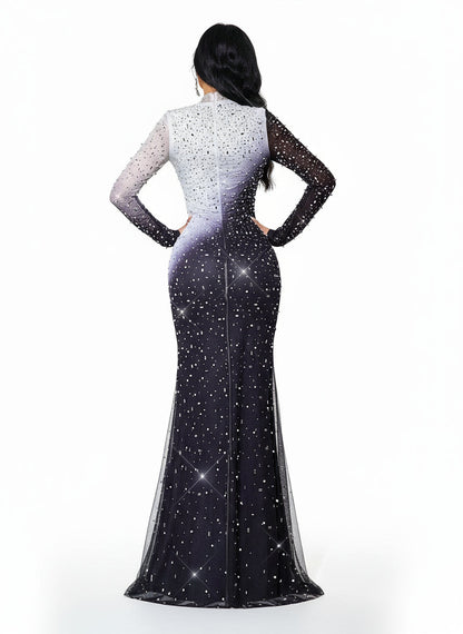 Stalluxe | Luxuriöses Schwarzes Abendkleid mit Strass und Rundhalsausschnitt, Langarm