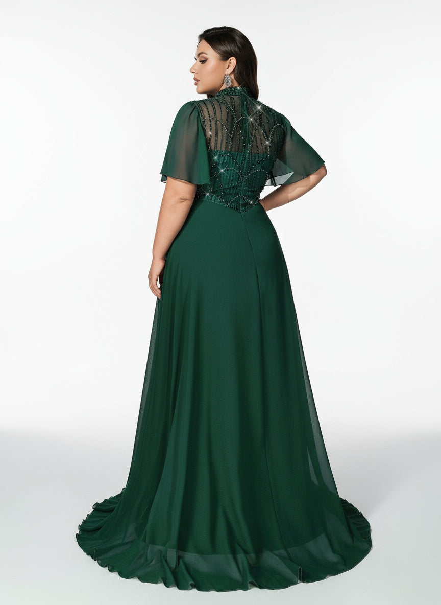 Stalluxe | Klassisches Dunkelgrünes Abendkleid aus Chiffon mit Spitze und Stehkragen