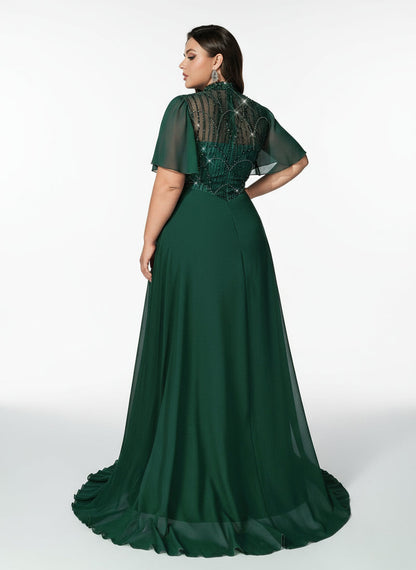 Stalluxe | Klassisches Dunkelgrünes Abendkleid aus Chiffon mit Spitze und Stehkragen