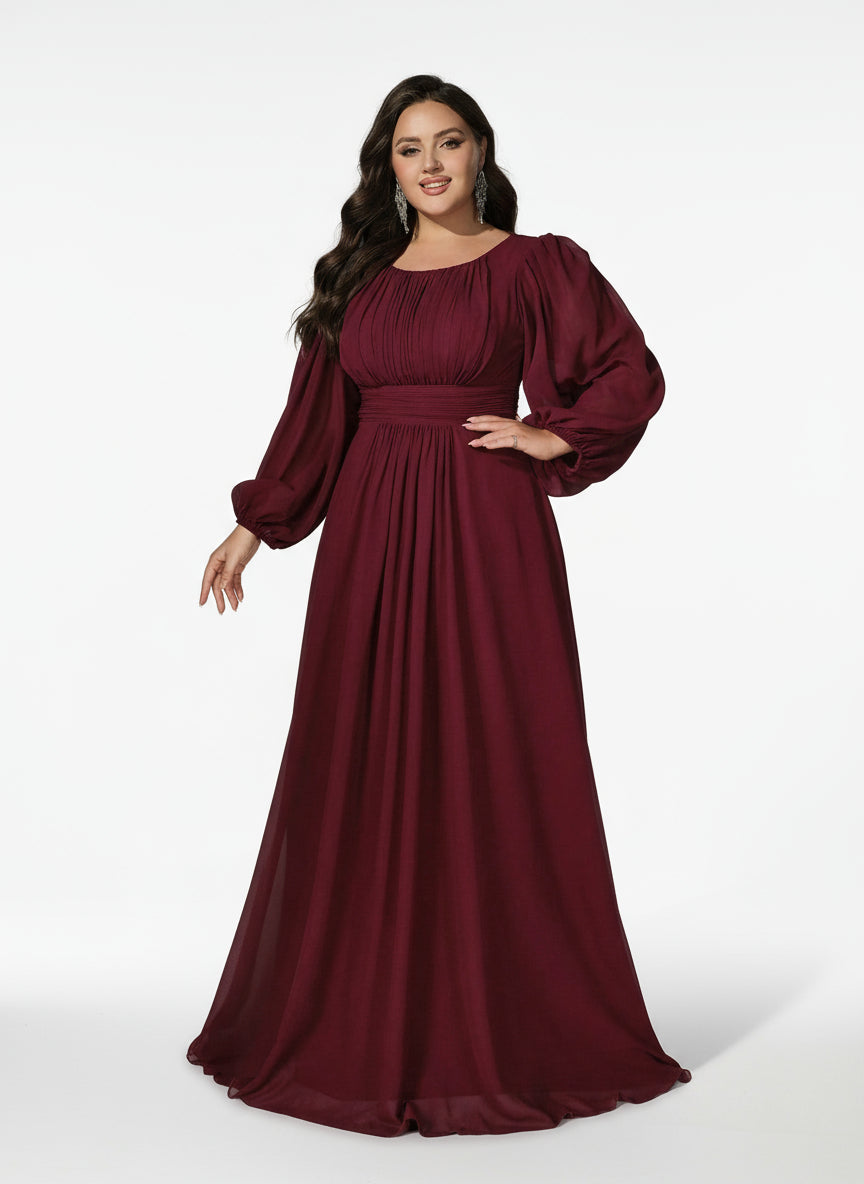 Stalluxe | Elegantes Chiffon-Brautjungfernkleid mit Rundhalsausschnitt und Laternenärmeln