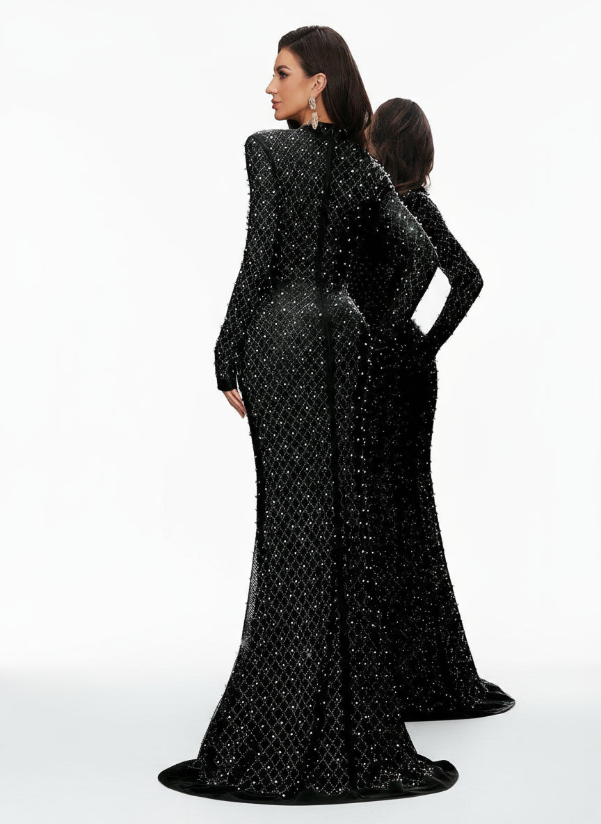 Stalluxe | Elegantes Schwarzes Abendkleid mit Strass und Rundhalsausschnitt, Langarm