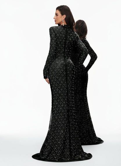 Stalluxe | Elegantes Schwarzes Abendkleid mit Strass und Rundhalsausschnitt, Langarm