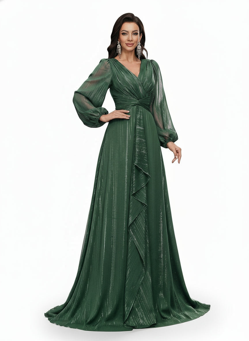 Stalluxe | Elegantes Dunkelgrünes Abendkleid mit V-Ausschnitt und Verzierungen