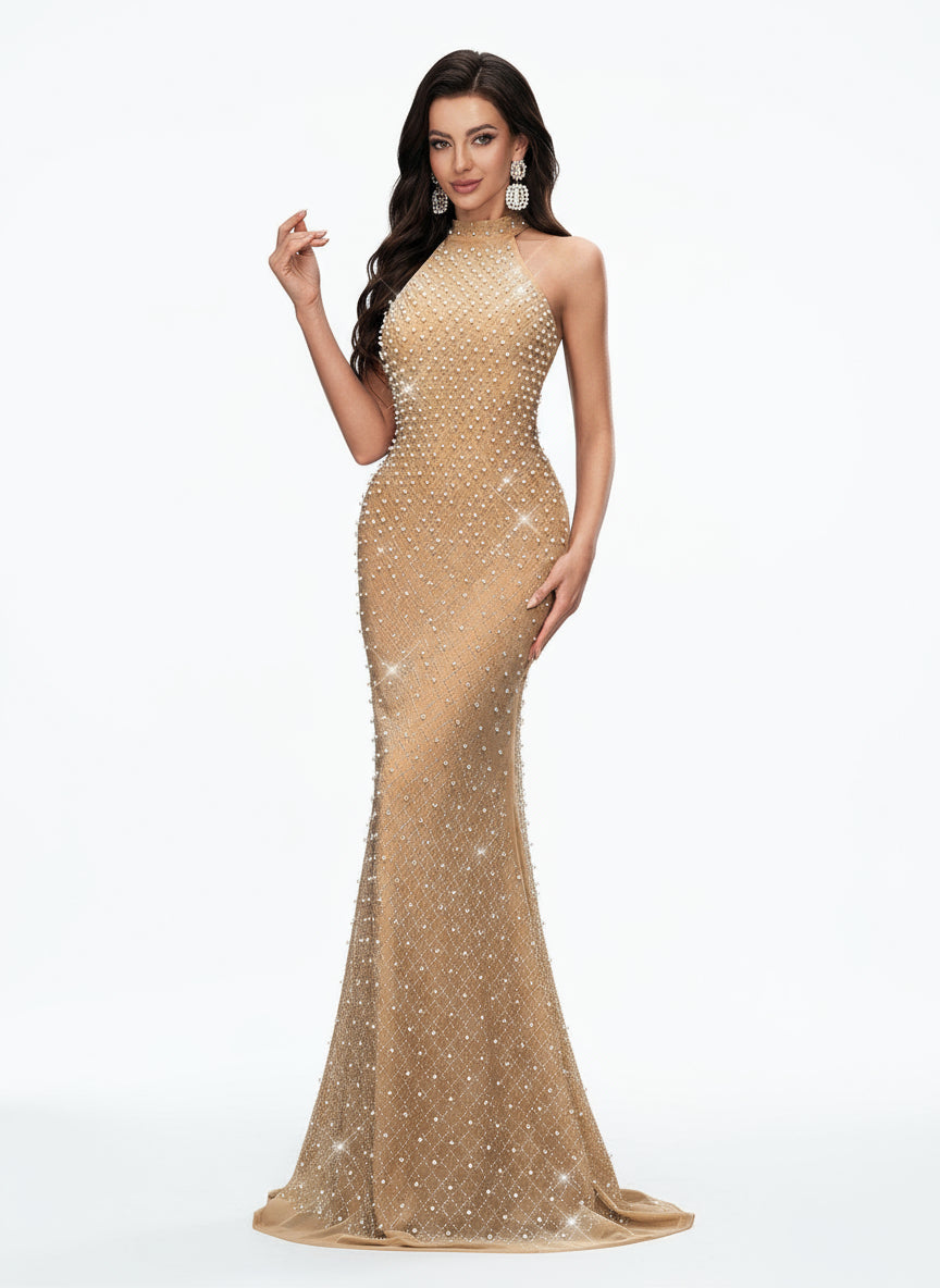 Stalluxe | Charmantes Halsfreies Abendkleid mit Strass, Bodenlang