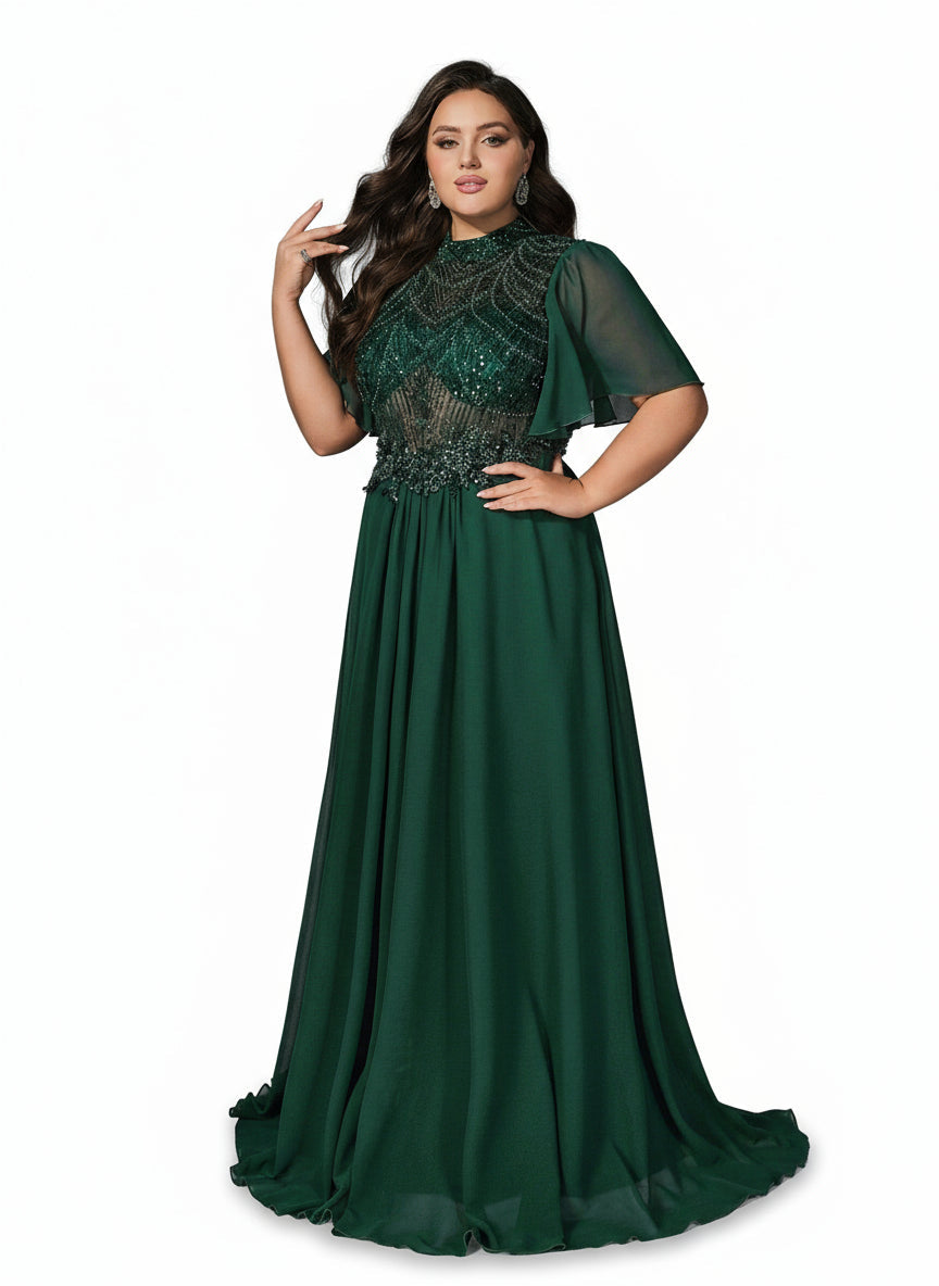 Stalluxe | Klassisches Dunkelgrünes Abendkleid aus Chiffon mit Spitze und Stehkragen