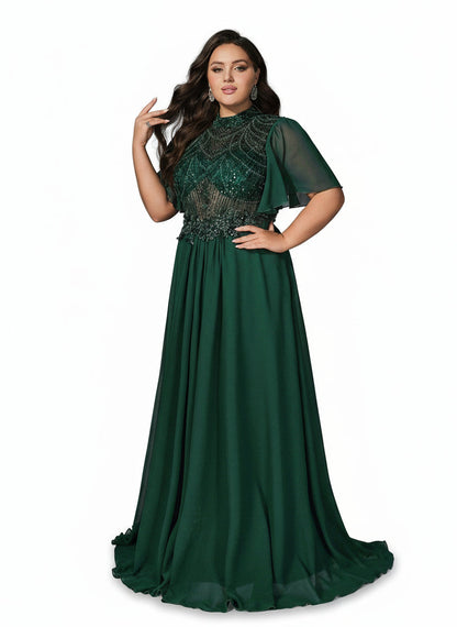 Stalluxe | Klassisches Dunkelgrünes Abendkleid aus Chiffon mit Spitze und Stehkragen