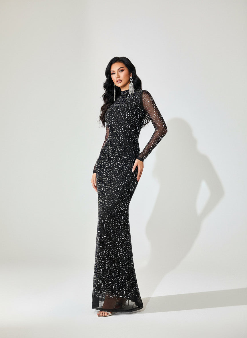 Stalluxe | Würdevoll Schwarzes Abendkleid mit Strass und Schlanker Passform
