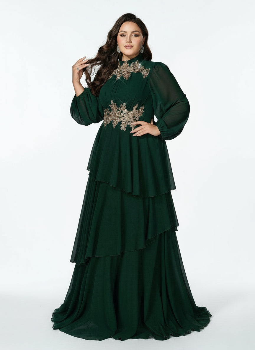 Stalluxe | Edles Dunkelgrünes Chiffon-Abendkleid mit Lagenrock und Langarm