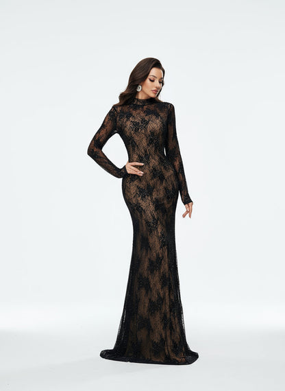 Stalluxe | Wunderschönes Schwarzes Spitzen-Abendkleid mit Strass und Stehkragen, Langarm