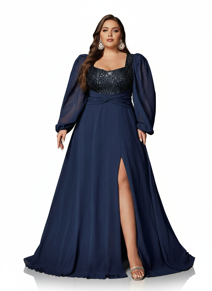 Stalluxe | Anmutiges Marineblaues Abendkleid mit Pailletten und Herz-Ausschnitt, Langarm