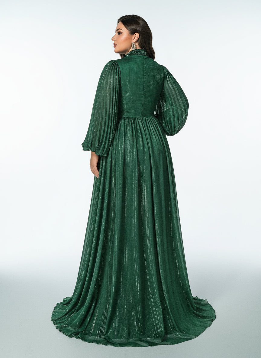 Stalluxe | Klassisches Dunkelgrünes Abendkleid mit Reißverschluss, Stehkragen und Laternenärmeln