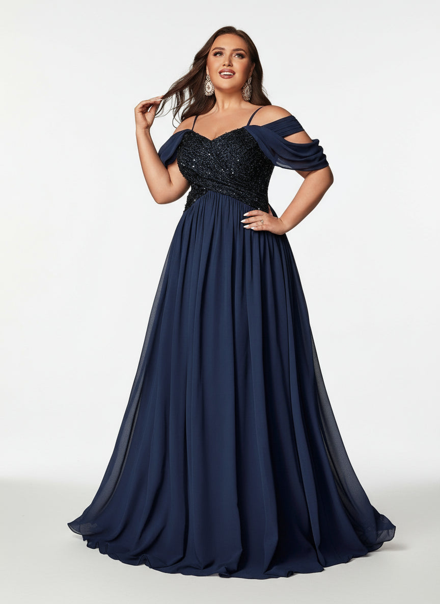 Stalluxe | Modisches Marineblaues Abendkleid aus Chiffon mit Pailletten und Schulterfreiem Design