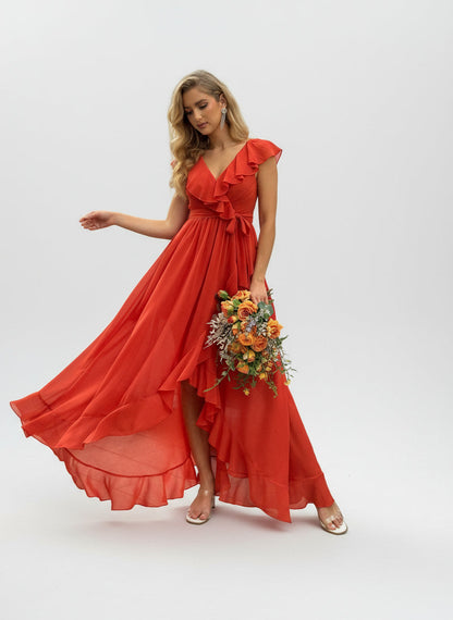 Stalluxe | Stilvolles Korallenoranges Brautjungfernkleid mit V-Ausschnitt und Volantärmeln